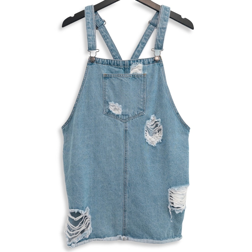 Cello Overall Dress Womens L Light Wash Blue Distressed Denim Grunge Thrashed